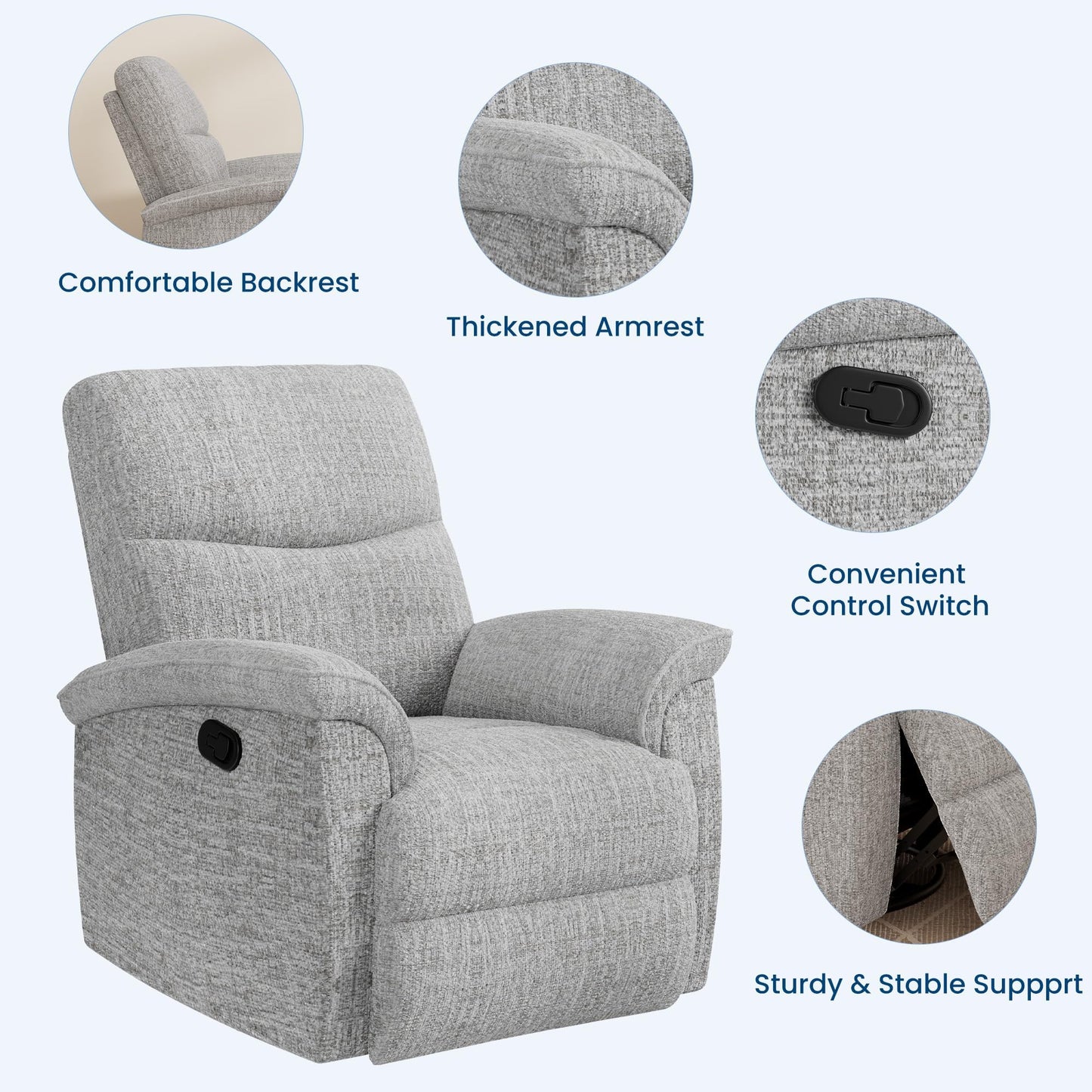 GarveeHome Recliner Chair, 360° Swivel Rocker Glider Nursery Chair with Padded Armrest and Deep Seat, PU Leather Upholstered Reclining Sofa Chair for Living Room, Bedroom and Nursery (Light Gray)