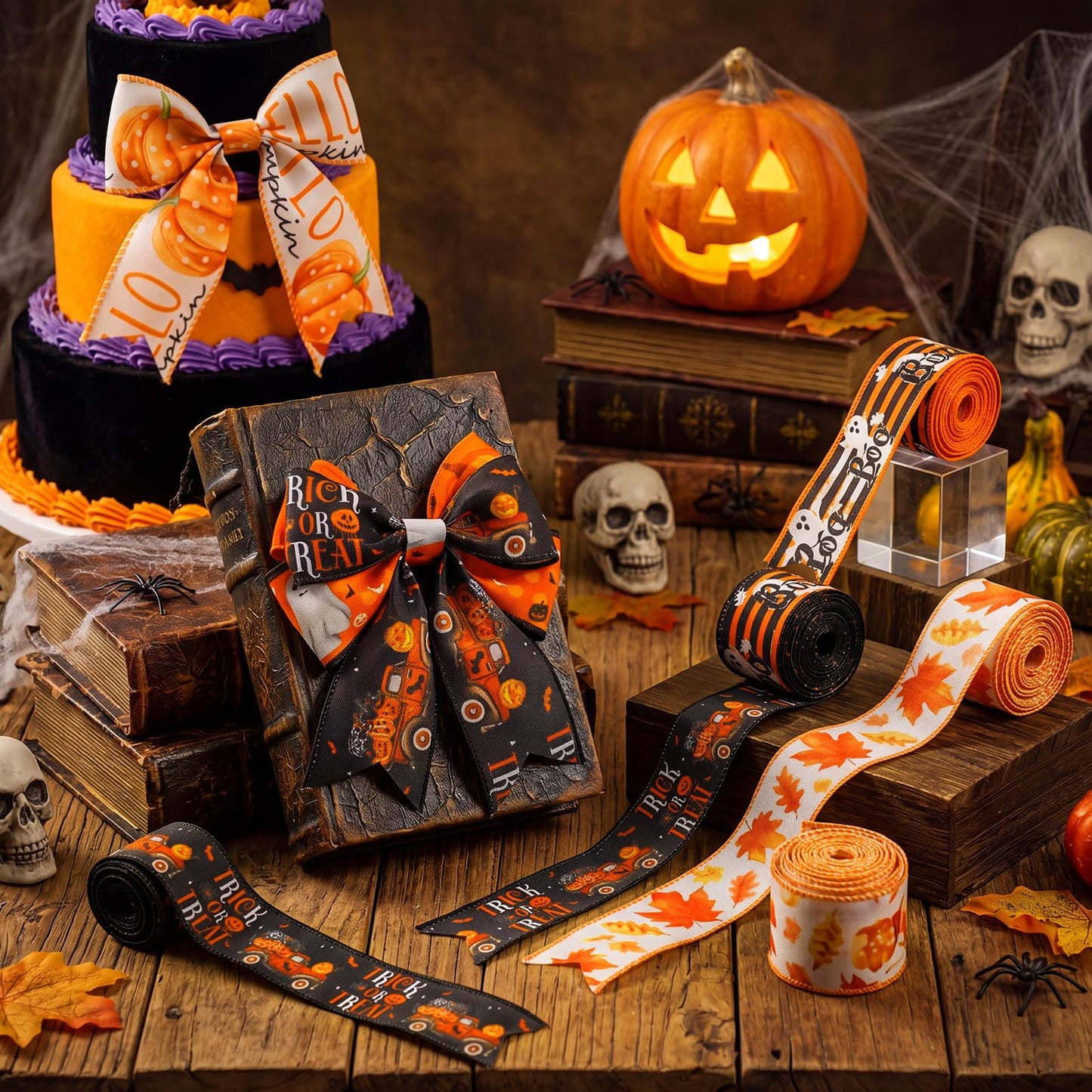 Chunful 12 Rolls Halloween Fall Wired Edge Ribbon 2 Inch x 60 Yards Halloween Fall Ghosts Pumpkins Print Grosgrain Ribbon Orange for Wreath Gift Wrapping Hair Bow Sewing Party Supplies 12 Styles