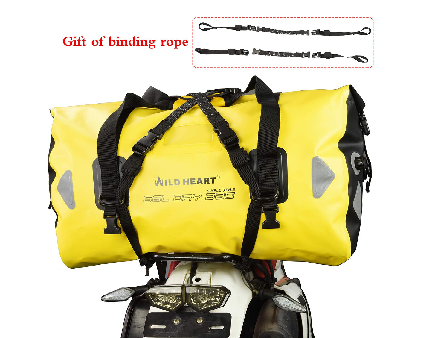 WILD HEART Waterproof Motorcycle Duffel Dry Bag PVC500D Double-bottom With Rope Straps and Inner Pocket 40L 66L 100L for Kayaking/Camping/Boating/Motorcycle/Hiking/Surfing (66L,Yellow)