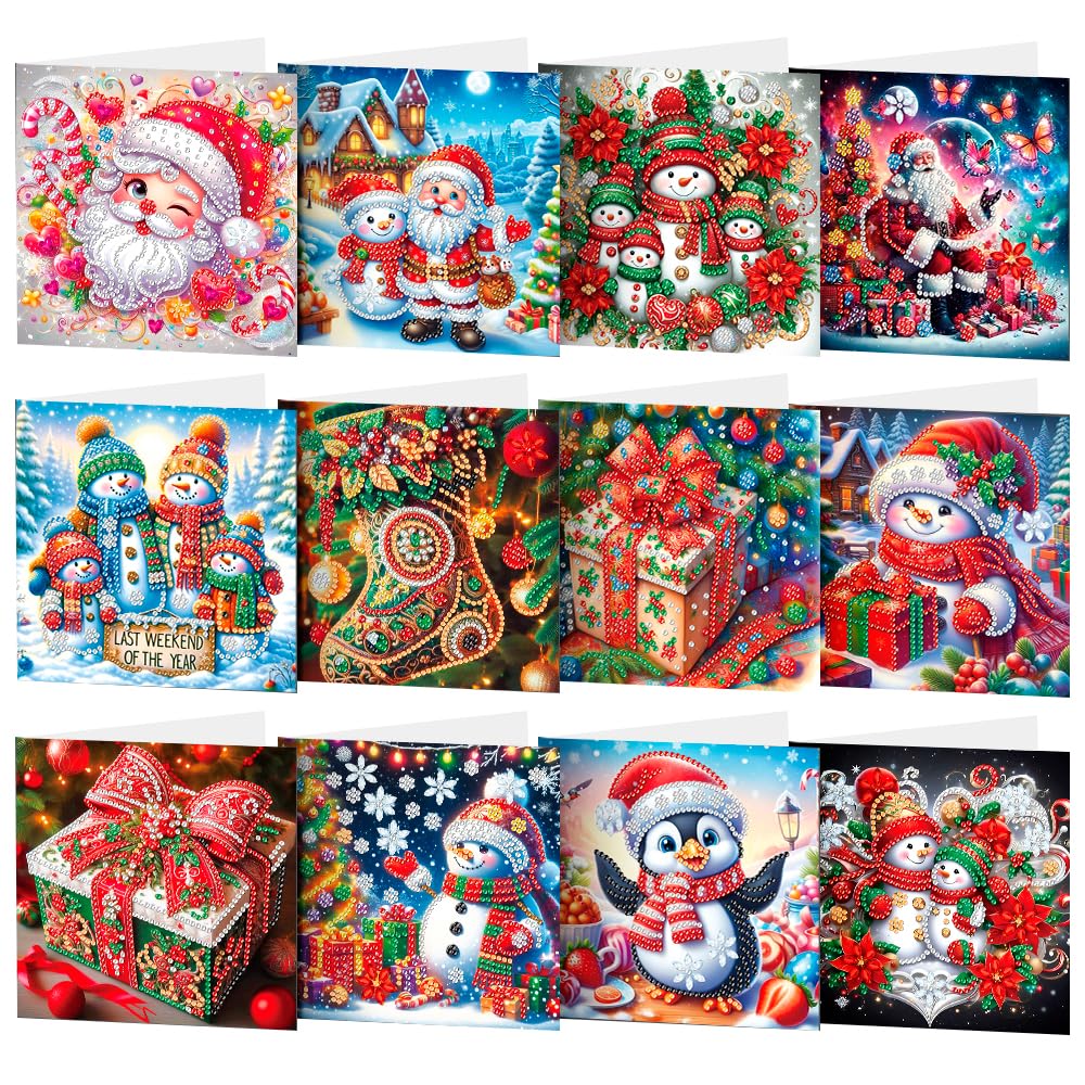 YGbaby 12 Packs DIY 5D Diamond Painting Christmas Cards Kits for Adults - Crystal Box Snowman Diamond Art Greeting Cards - Merry Christmas Gem Art Gifts for Xmas Family and Friends