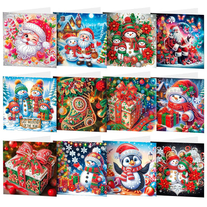 YGbaby 12 Packs DIY 5D Diamond Painting Christmas Cards Kits for Adults - Crystal Box Snowman Diamond Art Greeting Cards - Merry Christmas Gem Art Gifts for Xmas Family and Friends