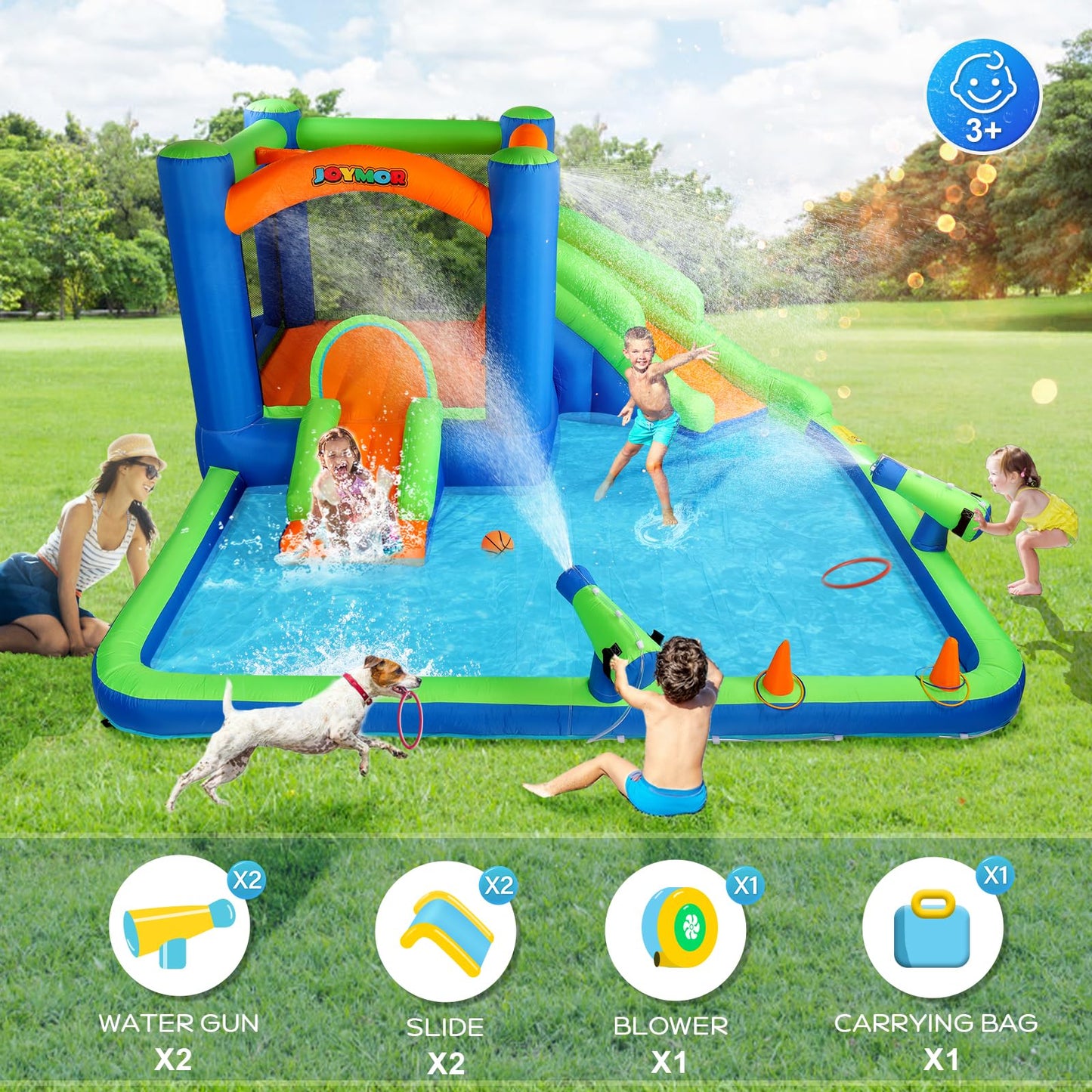 JOYMOR Inflatable Water Slide Bounce House for 3-6, 30s Blow Up Water Slide w/Basketball Hoop, Water Cannon, Ring-Toss Game, Inflatable Water Bounce House w/Slides, Air Blower (Blue/Green)