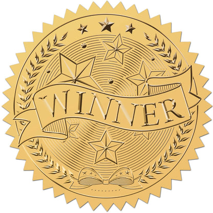 CRASPIRE 408pcs 2 Inch Winner Gold Foil Stickers Word Star Gold Embossed Gold Certificate Seals Self Adhesive Waterproof Round Dot Medal Decoration Label for Gift Packaging Envelope Card Seal