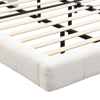 Merax King Size White Boucle Upholstered Platform Bed with Tall Headboard, Modern Floating Bed Frame with LED Lights for Bedroom, Solid Wood Slats Support, No Box Spring Needed, Easy Assembly