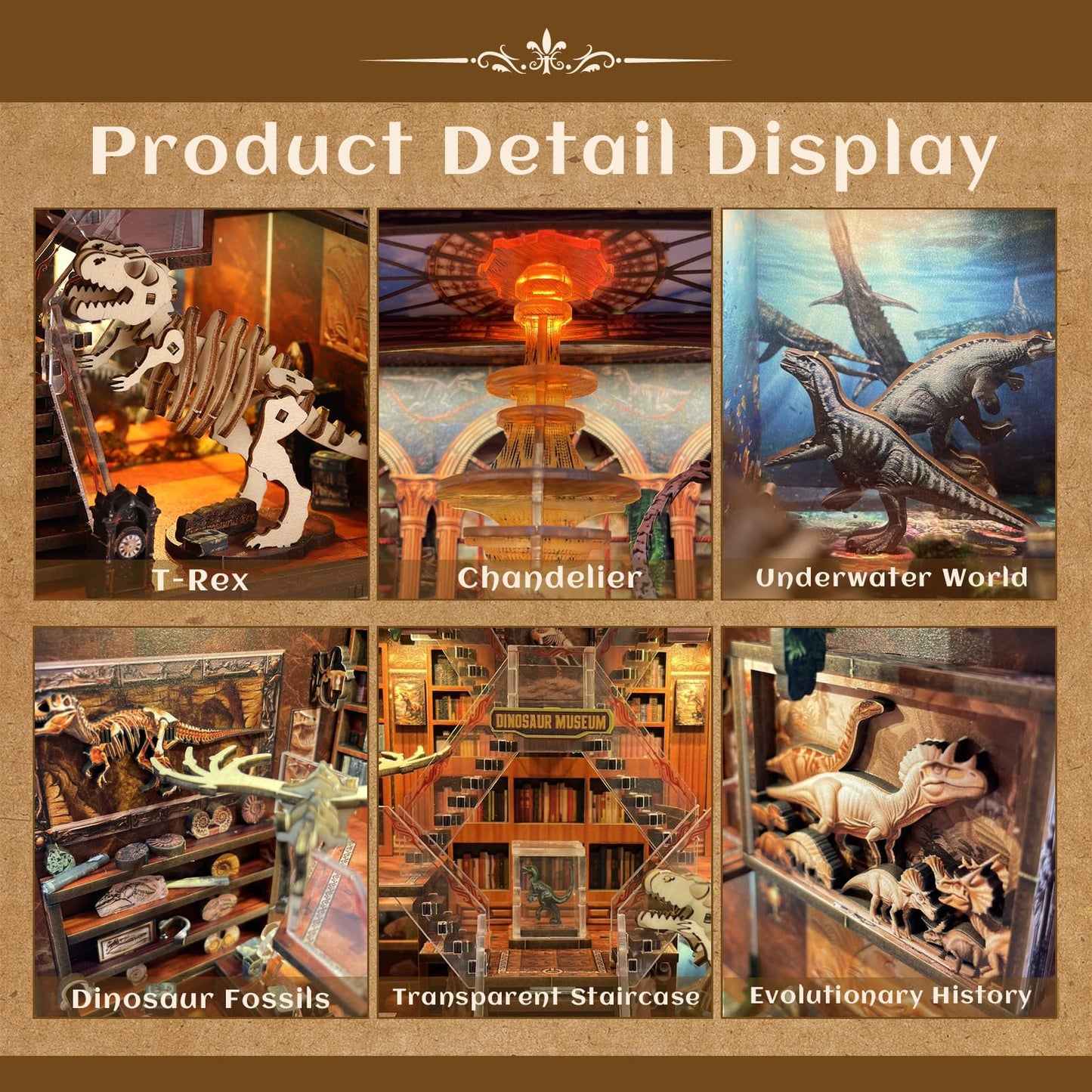 VORATHIS DIY Wooden Puzzle with Night Light, Miniature House Kits, Stunning Bookshelf Insert Decor, Ideal Gift for Holidays, Birthdays, and Home Library Decoration(Dinosaur Museum)