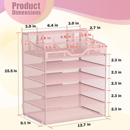 Docnest 6 Tier Mesh Desk Organizer for Paper Office Supplies – Multi-Functional Letter Tray with 5 Adjustable Compartments, 9 Pen Holders, Desktop Storage for Files, Mail, Stationery – Pink