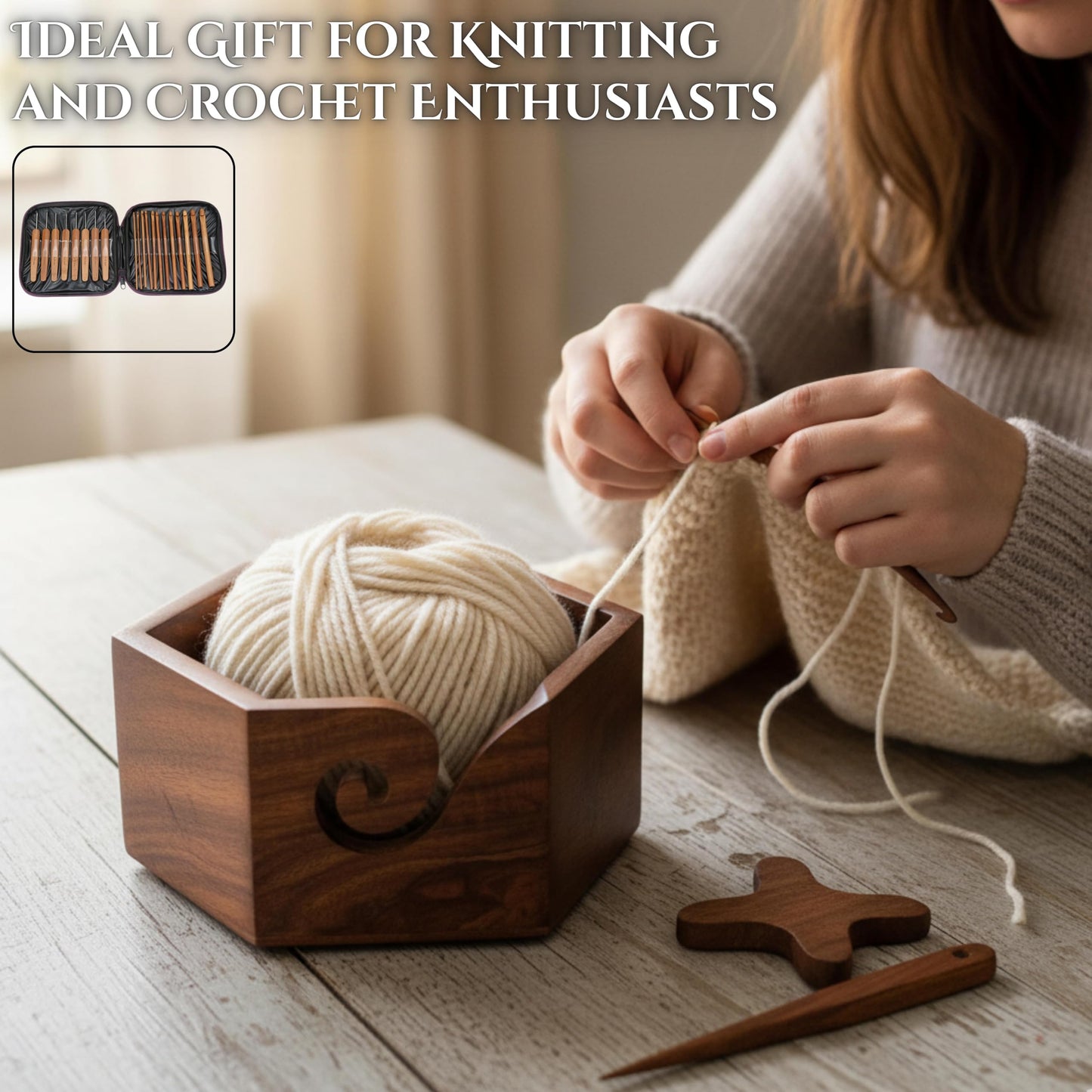 Brainmart Rosewood Yarn Winder & Swift with Wooden Yarn Bowl – 30pcs Crochet Kit | Handcrafted Wooden Ball Winder, Crochet Hooks Set, Bobbins, Weaving Needles for Knitting, Crocheting & Weaving