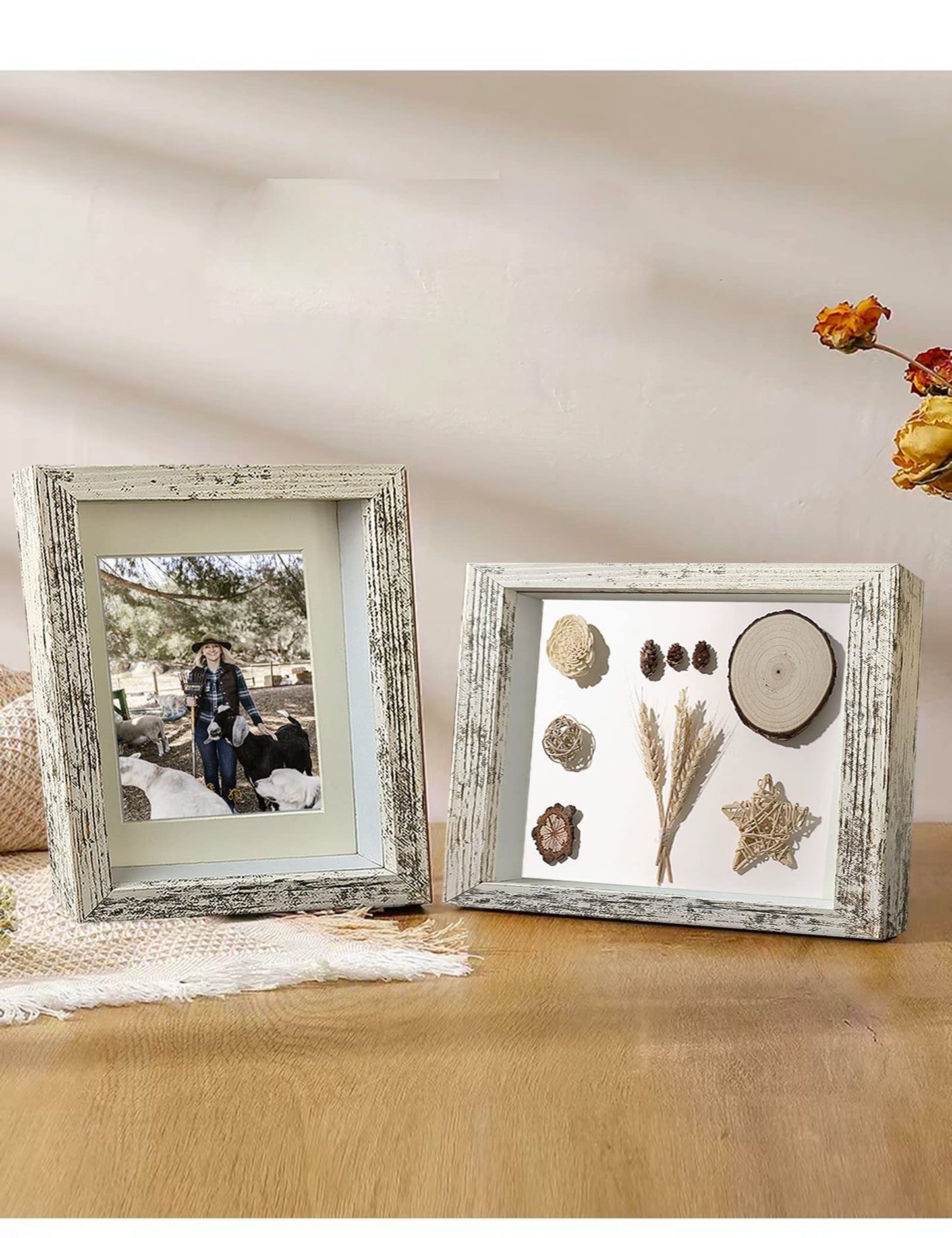 Houstimi Wooden Farmhouse 5x7 Shadow Box Frame Small Shadow Box Display Case Glass Surface Internal Depth 0.6 inch for Wall or Tabletop（White,4 Pack）