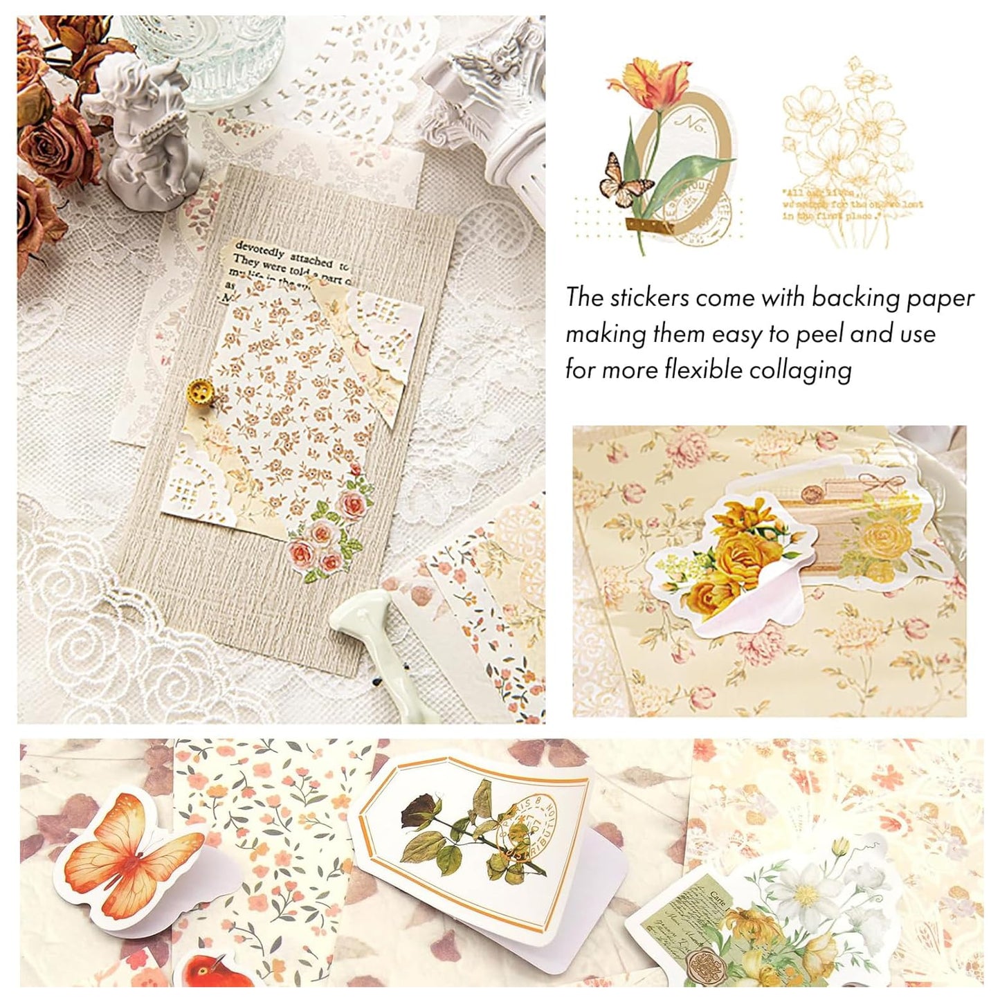 Wmhanler 400 Sheets Scrapbook Papers Journaling Stickers Scrapbooking Supplies Kit Junk Journal Supplies Decorative Craft Stickers for Planner, Bullet Journal Collage Card Embellishment Retro Crafts