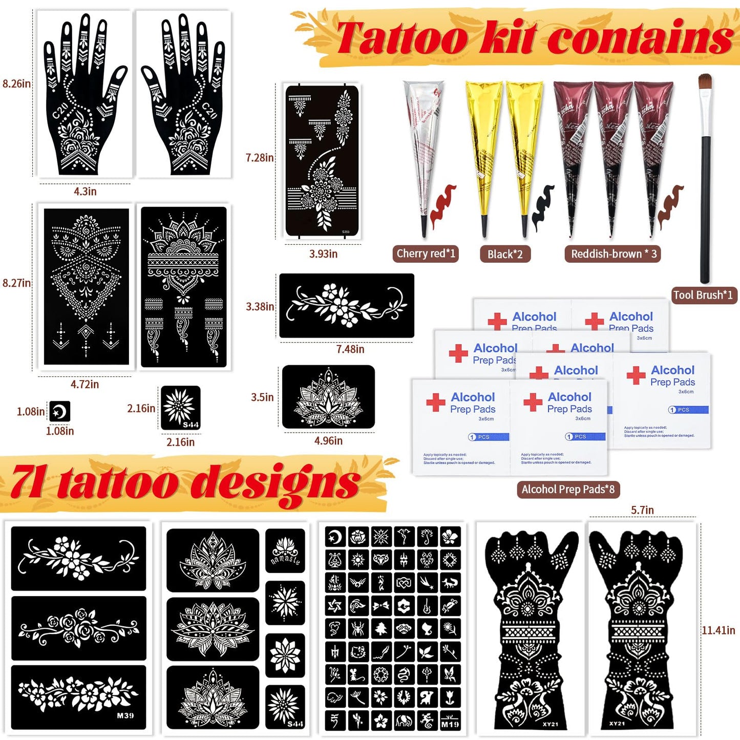 Temporary Tattoo Stencil Kit 10 Sheets (7 Large Hand & Half Arm), 6 Pcs 3 Color Cones (Black/Brown/Cherry Red),Temporary Tattoos for Adults Kids Men Women,DIY Body Art with Stencils