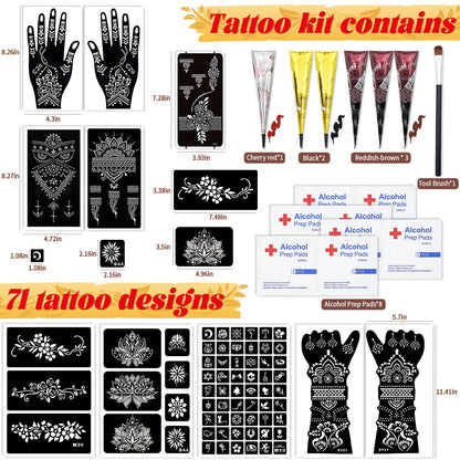Temporary Tattoo Stencil Kit 10 Sheets (7 Large Hand & Half Arm), 6 Pcs 3 Color Cones (Black/Brown/Cherry Red),Temporary Tattoos for Adults Kids Men Women,DIY Body Art with Stencils