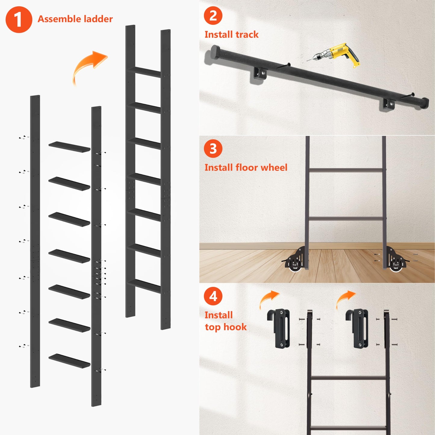 DIYHD 96" Sliding Library Ladder with 8 Steps, Telescopic Top Hook, Lightweight Rolling Ladder with Upright Space-Saving Storage, Kit with 4FT Sliding Rail, Bottom Rollers, 300lbs Capacity, Black