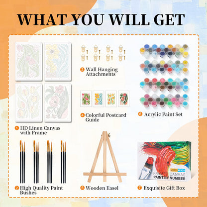 4 Pack Paint by Numbers Kit for Adults with Frame Flower Easy, Framed Paint by Number for Adults Beginner with Wooden Easel, Floral DIY Painting by Numbers Canvas Framed for Home Decor 8 x 12 Inch