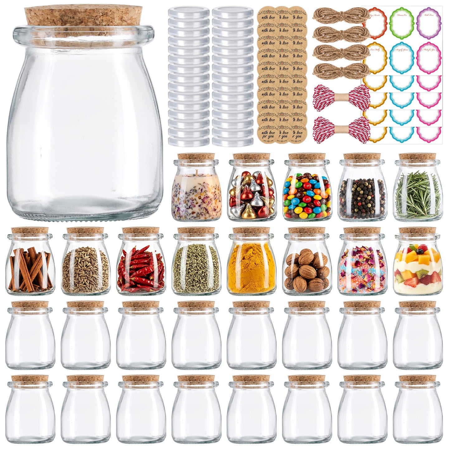 30 Pack 7oz Glass Jars with Cork Lids & PE Lids, Yogurt & Candle Jars for Making Candles, Small Mason Jars for Spices, Candy, Bath Salts, Wedding, Party & Baby Shower Favors