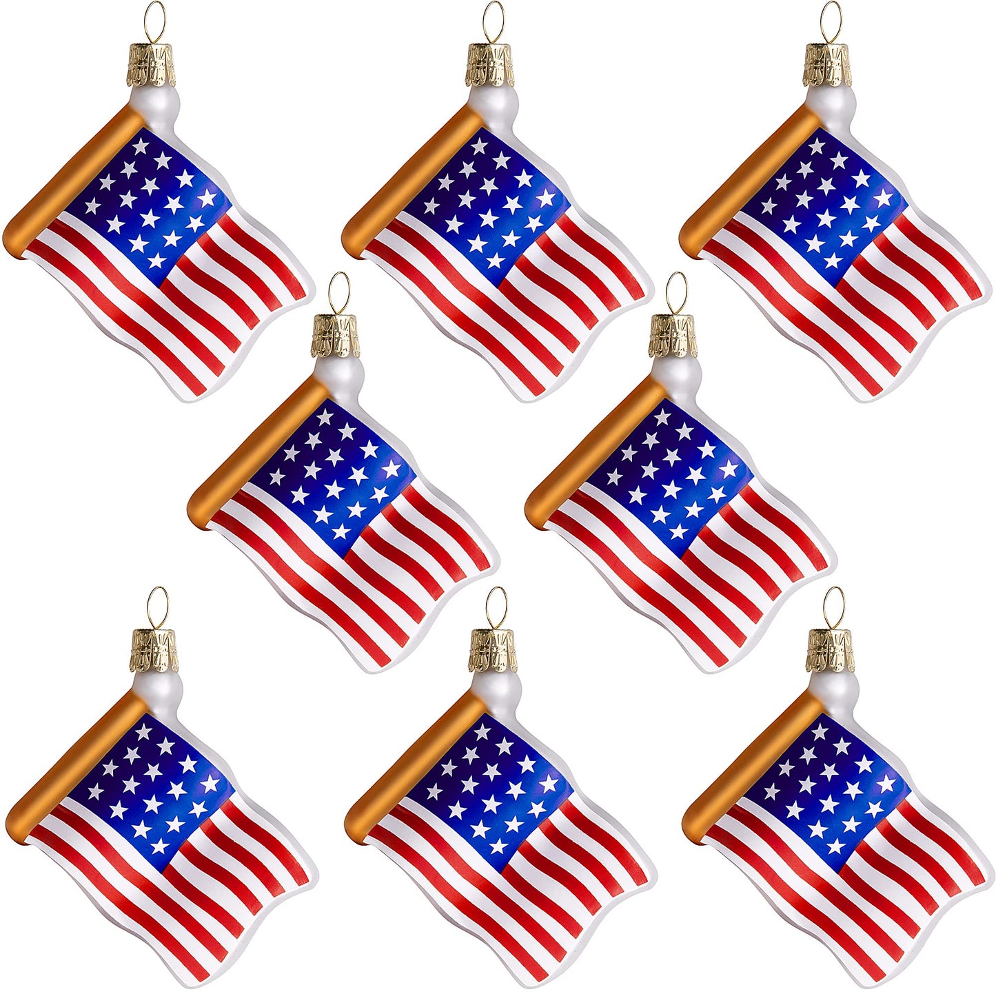 Watayo 8 PCS American Flag Glass Ornaments, Patriotic Glass Blown Flag Ornaments, 4th of July USA Flags Hanging Tree Decorations for Independence Memorial Veterans Day Decor