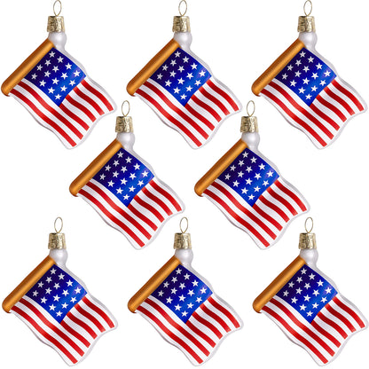 Watayo 8 PCS American Flag Glass Ornaments, Patriotic Glass Blown Flag Ornaments, 4th of July USA Flags Hanging Tree Decorations for Independence Memorial Veterans Day Decor