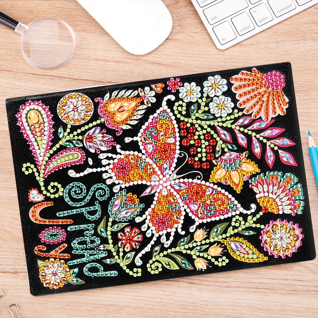 5D Diamond Art Painting Notebook Kits Spread Joy Butterfly Cover Leather DIY Special Shaped Journal Sketchbook Cross Stitch Diamond Art Hardcover Dairy Book Festival Birthday Gift 8.27x5.71IN