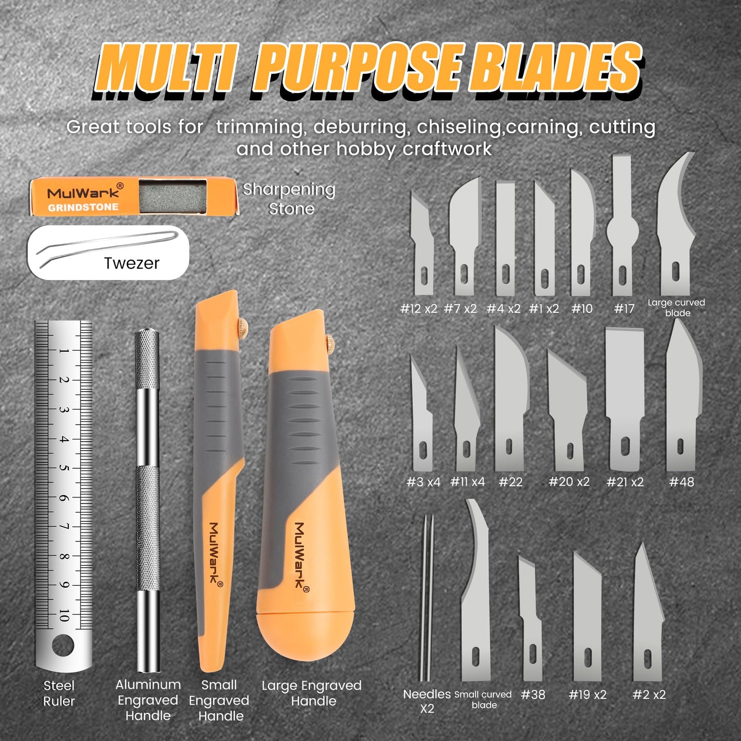 MulWark 41-Piece Precision Hobby Knife Set - Exacto Knife Set For Modeling - Craft Knife Handle Customized With Chiseling, Stencil Edge And Fine Point Blades With Sharpening Stone And Steel Ruler