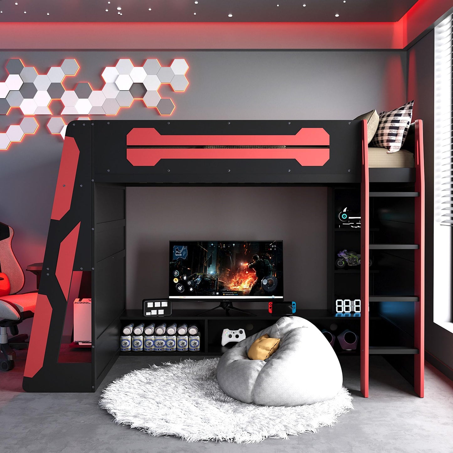 DNYN Gaming Loft Bed with Built-in Desk and Multi-storage Shelves for Teens/Adults Bedroom Dormitory, Space-saving Twin Size Wooden Bed Frame with LED & Guardrail, No Box Spring Needed & Easy Assemble