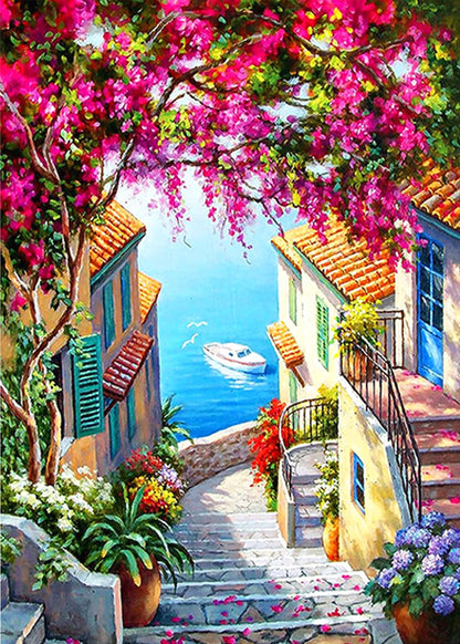 QIOUOL 5D Diamond Art Kits for Adults Beginners,Seaside Town DIY Painting with Round Full Drill Diamonds Painting Mosaic Gems Art for Home Office Wall Decor 12x16 Inch