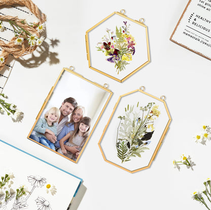 BABUFINE Pressed Flower Frames with Tweezers, Wall Hanging Double Glass Picture Frames with Chain for Dried Flowers Plants Wall Decor,Only Frame (Gold-3PCS)