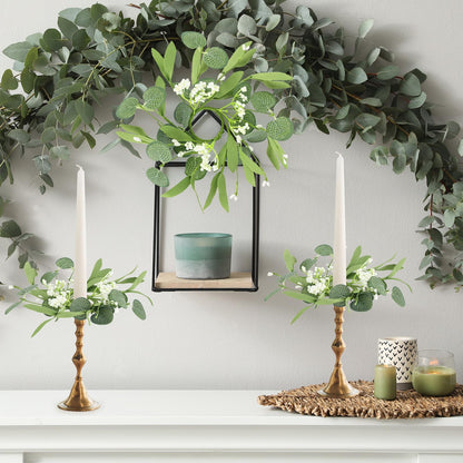 6 PCS Eucalyptus Taper Candle Rings Wreaths 1.38" Mini Spring Summer Floral Taper Candle Holder Wreaths Green Artificial Flower Table Centerpieces Wreath for Church Farmhouse Home Candlesticks Decor
