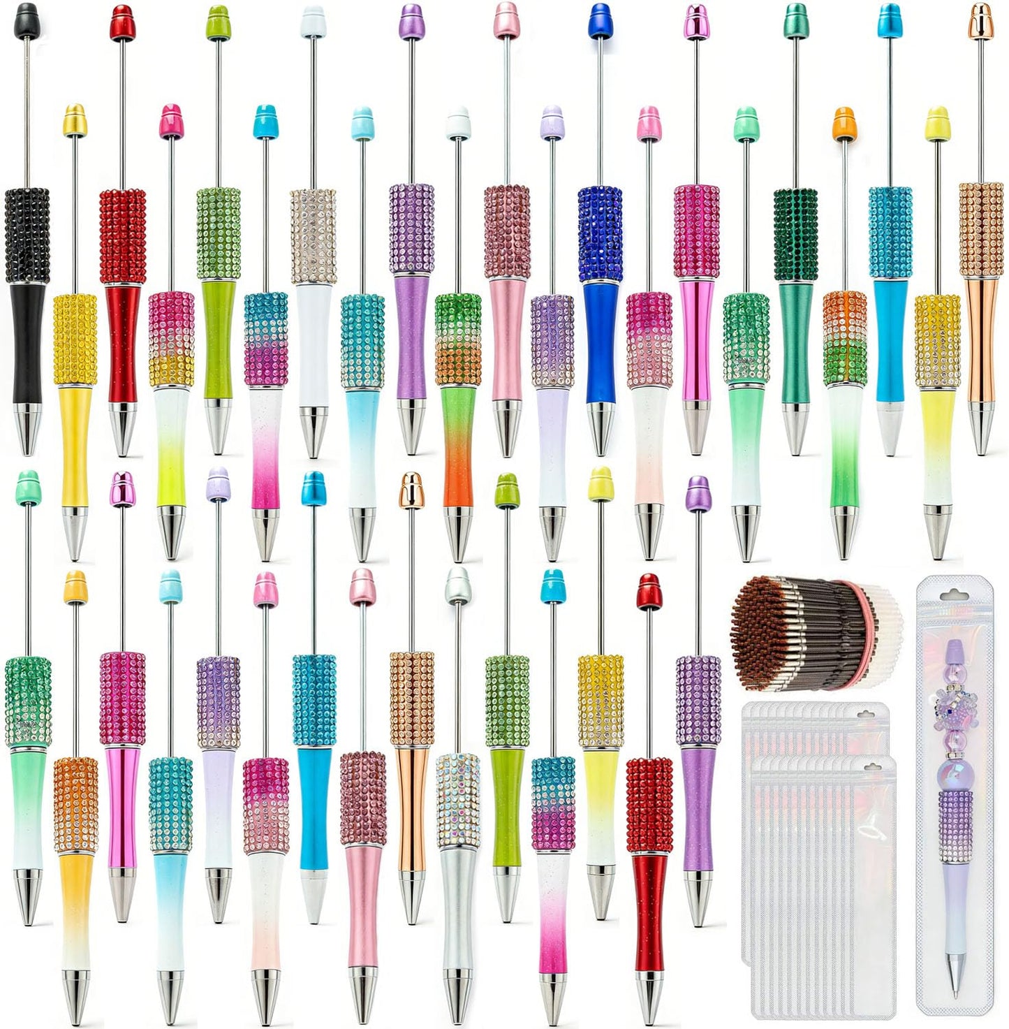 75 Pcs DIY Diamond Beadable Pen Kit - 25 Plastic Rhinestone Beaded Pens Bulk with Refills & Bags - Fancy Cute with Colors Refills & Bags for Students Teachers School Office Accessories Supplies