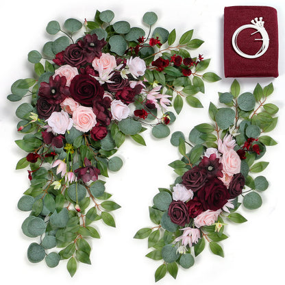 Ponatia Burgundy Wedding Artificial Arch Flowers Kit (Pack of 3) With 26Ft Shiny Arch Draping Fabric for Ceremony and Reception Backdrop Decoration (Burgundy & Blush)