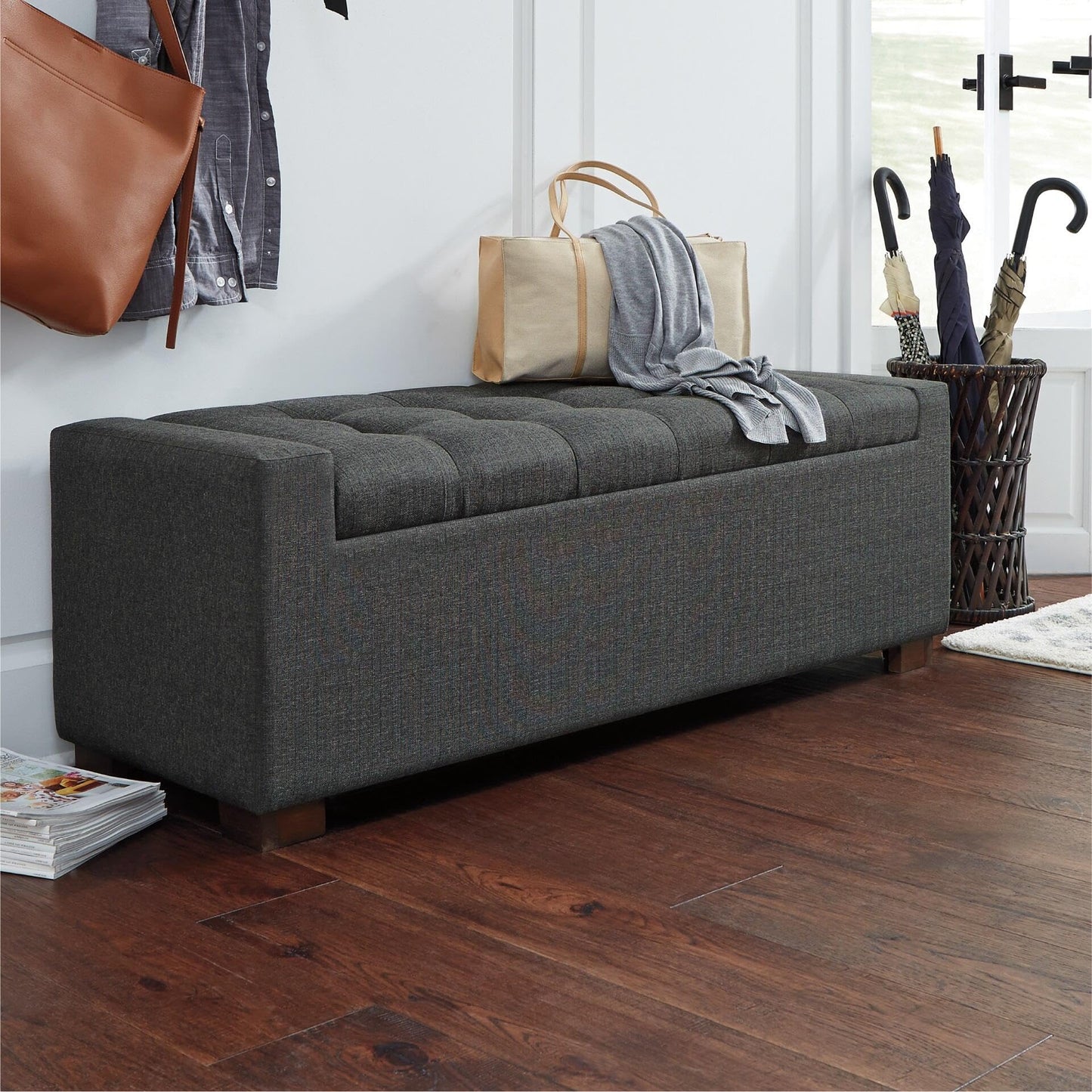 Signature Design by Ashley Cortwell Ottoman Tufted Entryway Storage Bench, Charcoal Gray