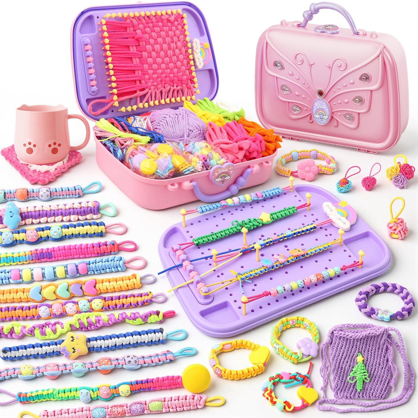 Friendship Bracelet Making Kit & DIY Weaving Loom, 500+ Colorful Ropes, Bands & Beads, Creative Arts and Crafts Gift for Girls Ages 6–12, Ideal Christmas Gifts for Girls Ages 5 6 7 8-12 Pink