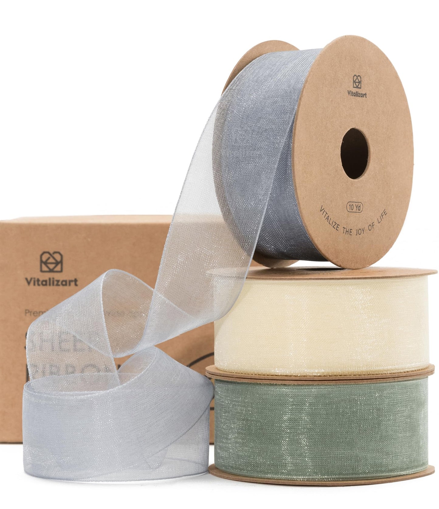 Vitalizart Organza Sheer Ribbon Set 1 inch x 30 Yd Handmade Fabric Ribbons for Gift Wrapping Christmas Tree Crafts Bows Wedding Invitations Wreaths Wrap Cream White Dusty Blue & Green