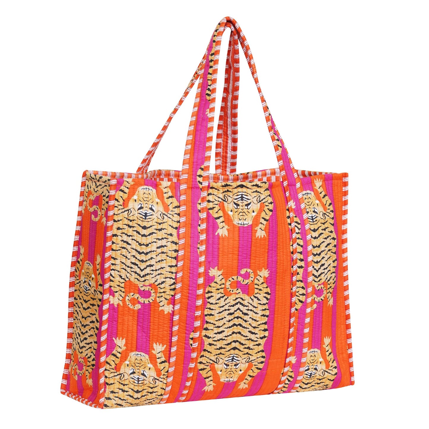 LKGSM RUGS Cotton Tiger Block Print Tote Bag, Handmade Indian Shopping Shoulder Bag, Unisex Market Daily Use