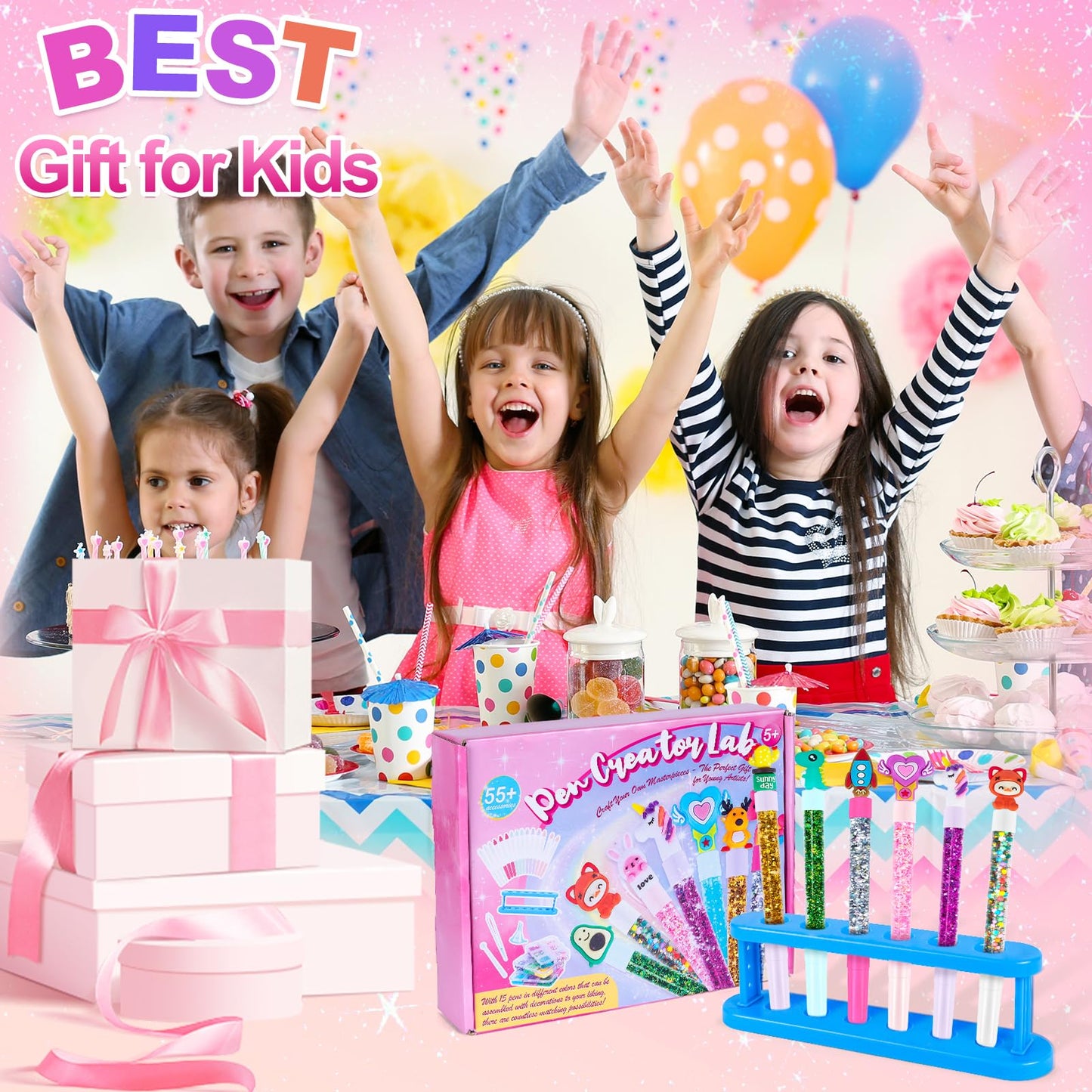 Subao 55+ DIY Glitter Gel Pens Making Kit,Pen Creator Studio,Make Your Own 15 Sparkly Cute Pens,Creative Arts and Crafts for Kids Ages 5 6 7 8,Birthday Christmas Gifts for Girls 9 10 11 12 Years Old