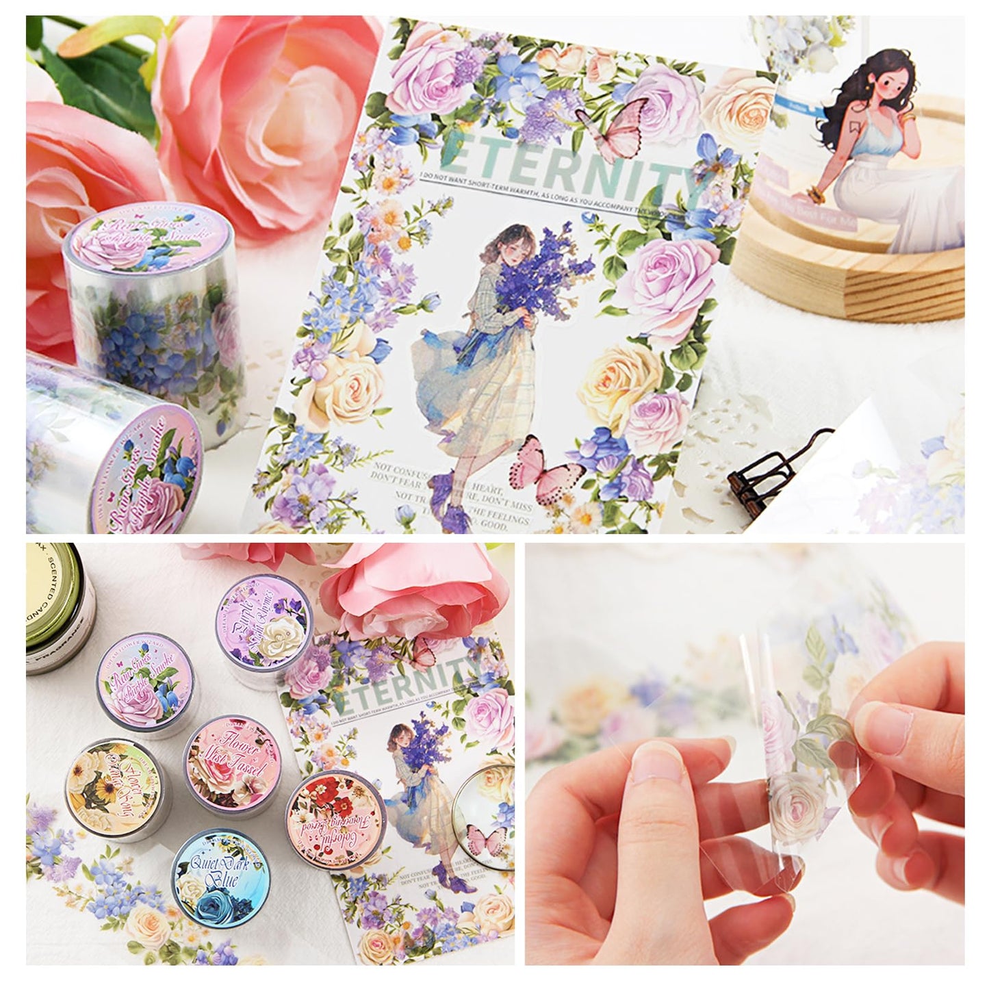 DAPUTOU 6 Rolls PET Washi Tape 50mm Wide Flowers Transparent Ephemera Light Decorative Aesthetic Floral Stickers Set for Junk Journaling, Scrapbook Supplies, Crafting, DIY Projects