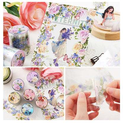 DAPUTOU 6 Rolls PET Washi Tape 50mm Wide Flowers Transparent Ephemera Light Decorative Aesthetic Floral Stickers Set for Junk Journaling, Scrapbook Supplies, Crafting, DIY Projects