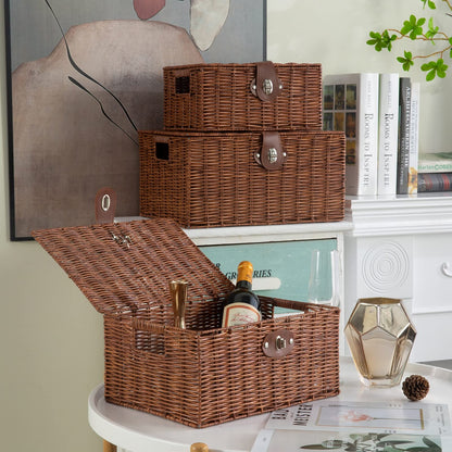 Homepeaz Set of 3 Woven Wicker Storage Basket Box with Lids & Lock, Built-in Carry Handles, Multifunctional Storage Organizer for Nursery, Baby, Clothes, Toys, Books, Large/Medium/Small Size (Natural)