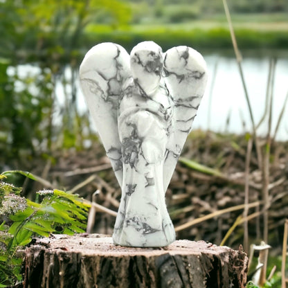 ANAYA AGATE Howlite Angel Statue 2" Certified Gemstone Guardian Angel Natural Crystal Hand-Carved Angel Charms for Calmness, Awareness, Peace, Self-Control & Positive Energy Crystal Figurines Decor