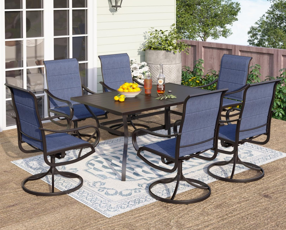 PHI VILLA Patio Dining Set for 6, Swivel Dining Chairs with Padded Textilene and Large Metal Table (1.57'' Umbrella Hole), All Weather Table and Chairs for Outdoor Lawn (Blue)