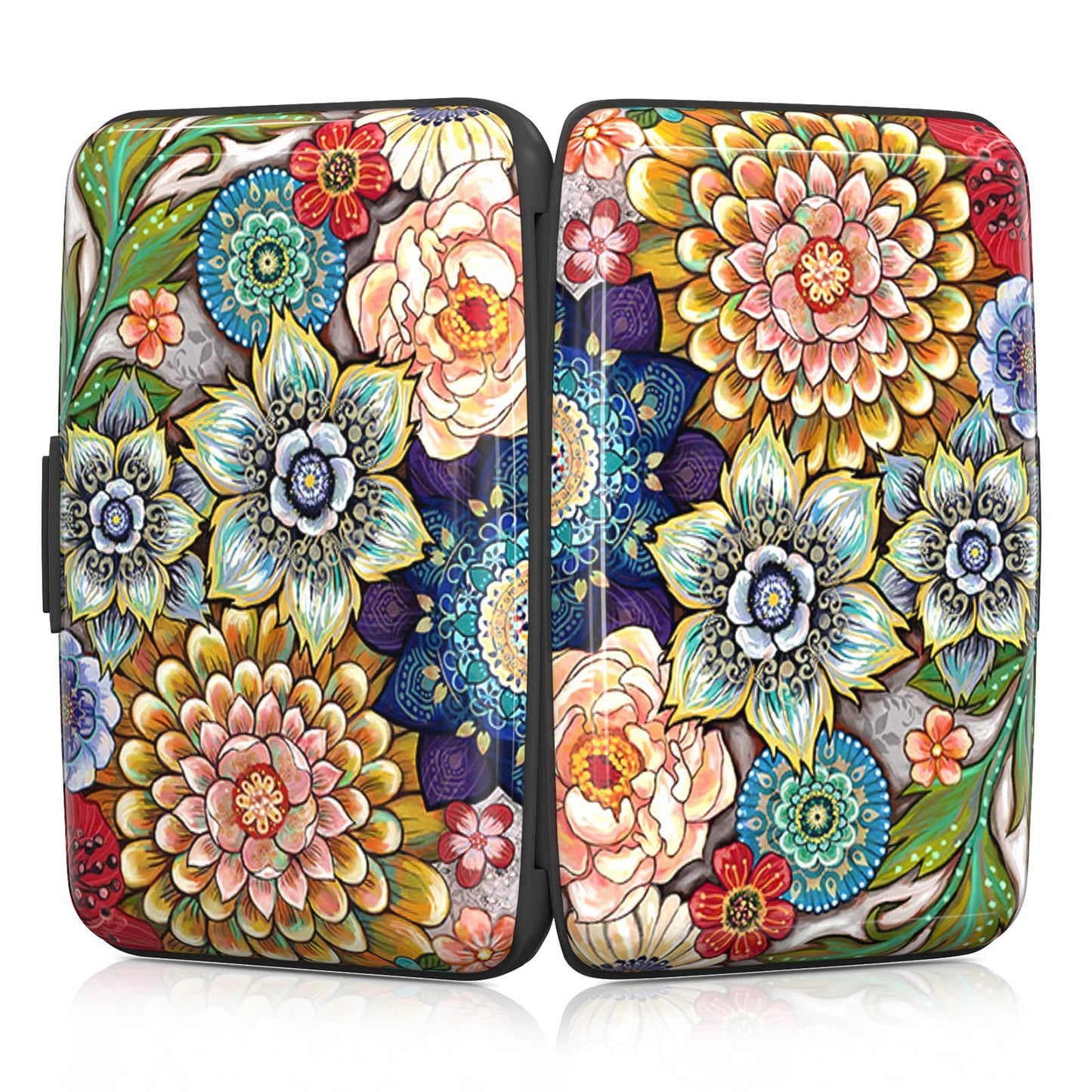 Rimilak Aluminuml Credit Card Holder, Mini Credit Card Wallet RFID Blocking Slim Metal Hard Case for Women Men, Mandala Flower