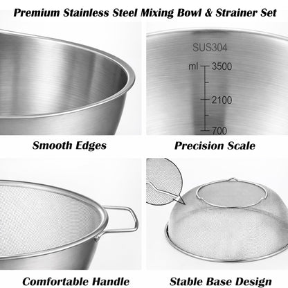 Stainless Steel Mixing Bowl and Colander Set, Multipurpose Kitchen Basket with Fine Mesh Colander, Salad Mixing Bowl with Strainer,3.5 Qt Large Capacity For Rice Fruit Vegetable (Stainless Steel)