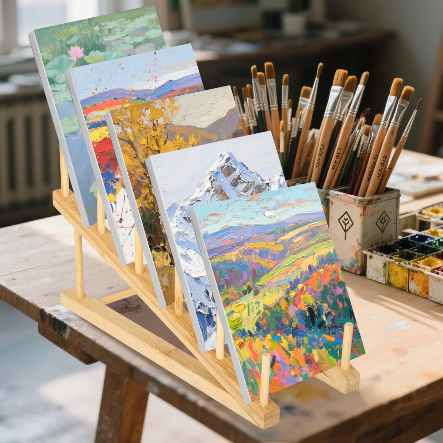 Rainmae 3 Pack Small Art Drying Rack Art Storage Rack for Classroom 5 Layers Paint Display Rack Wood Storage Stand for Canvas, Art Storage Organizer for Painting Canvas, Wooden Tabletop Art Rack