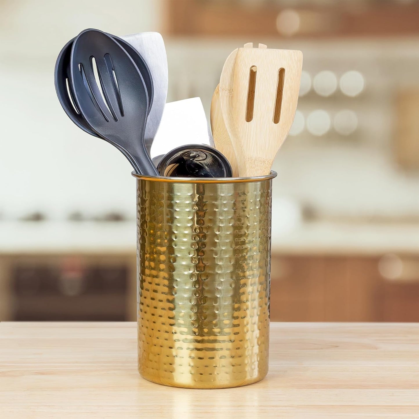 Darware Hammered Gold Kitchen Utensil Holder, 7-Inch Tool Caddy for Wooden Spoons, Spatulas, & More