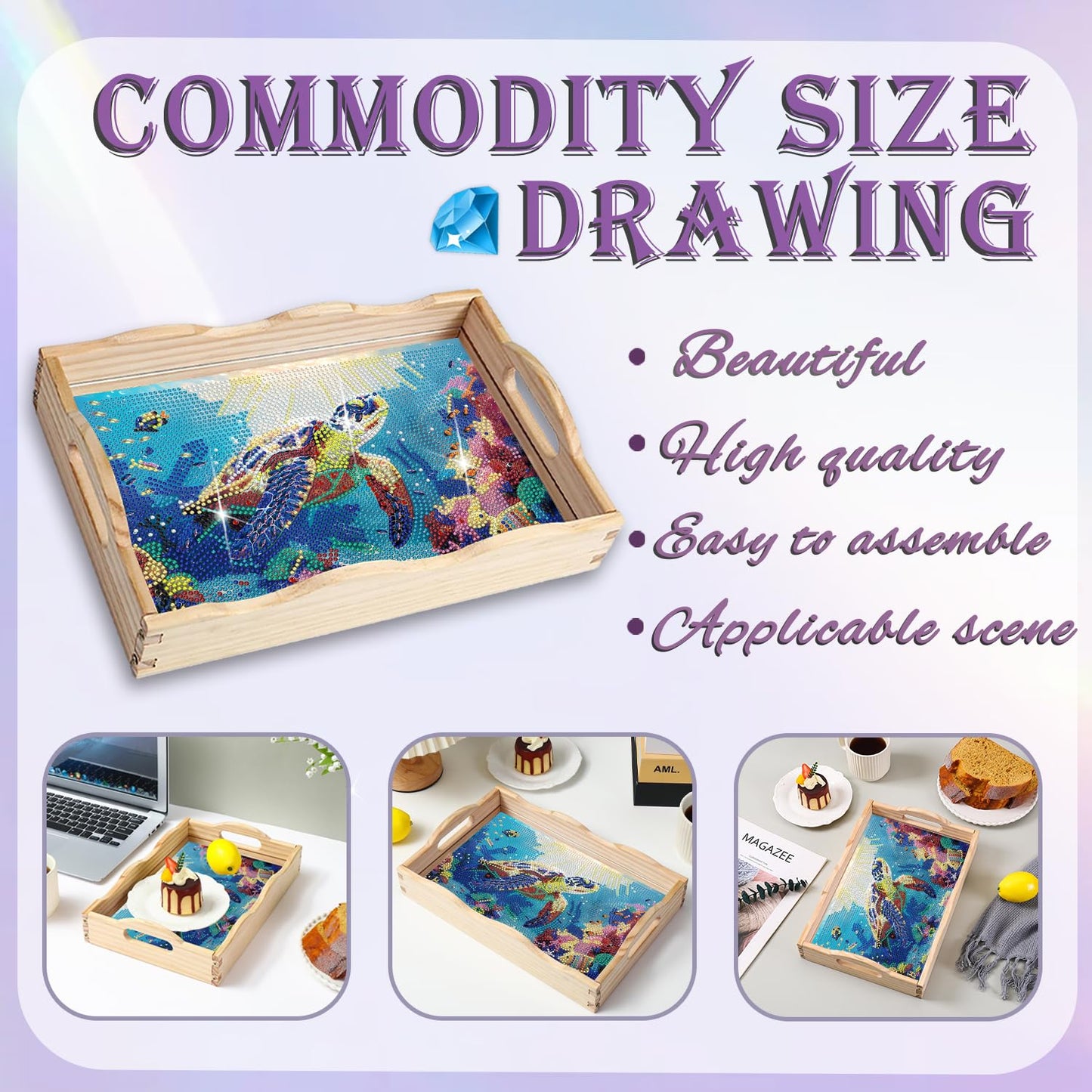 EWJRNSF Diamond Art Kits for Adults Wooden Serving Trays with Handles, 5D Diamond Painting Big Gem Arts and Craft Gifts Trays Decor Gift Home Decor 7.8x11.8 Inches Turtle A