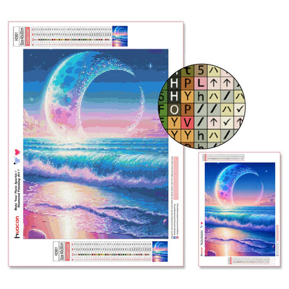 Huacan Diamond Art Kits for Adults AB Diamond Painting Kit 5D Moon Beach Picture DIY Round Drill Gem Art Kit for Beginner Crystal Aurora Diamond Handicraft Gift Home Decor 11.81 * 15.74 inch