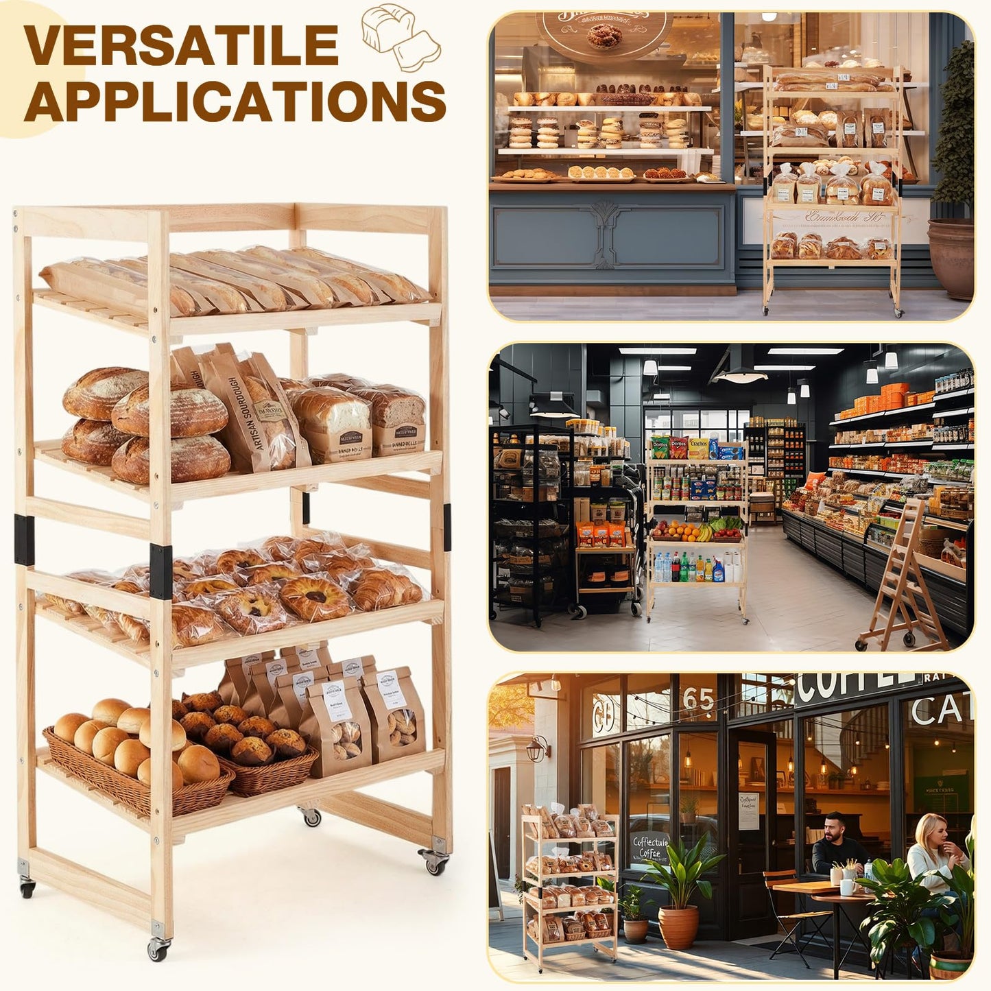 AceOrbit 55" x 30" x 18" 4 Tier Wood Bakery Bread Rack with Angled Shelves Bread Fruit Vegetable Display Shelf Stand for Shop, Pantry, Office, Grocery, Supermarket, Kitchen Organizer