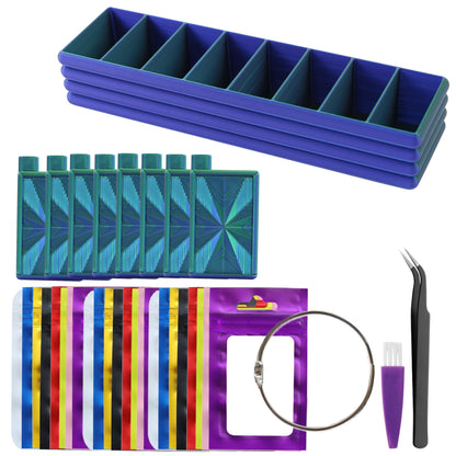 Diamond Art Trays with Lids, Diamond Painting Trays with Storage Organizers Case, 8 Pack Beads Rhinestone Tray Set with Tweezers, Brush, 32pcs Ziplock Pouches Bags for Diamond Art Tool (Blue Green)