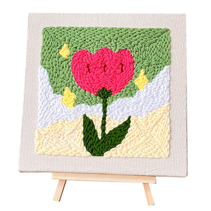 Allazone Punch Needle Embroidery Kit, Square Frame with Green and Pink Tulip Pattern, Includes Frame, Stand, Punch Needle, Scissors, Yarns, Adults Beginner Friendly
