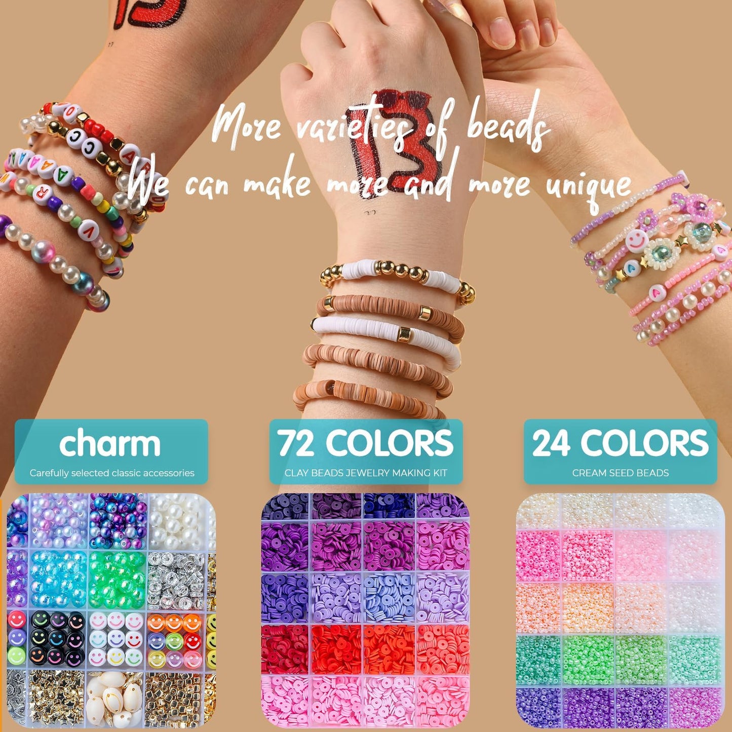 SJZWSD 6-Box Friendship Bracelet Making Kit - 16,000pcs Clay, Seed & Glass Beads Collection, Letter Beads, Charms