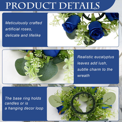 Tobilu 6 Sets Artificial Roses Candle Rings - Roses Floral Rings Wreaths with LED Candles Eucalyptus for Centerpieces Table Cabinets Front Doors Wedding Home Party Decor - Royal Blue