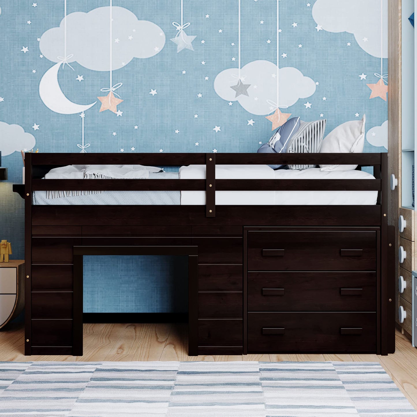 Merax Twin Wooden Loft Bed，Wood Bedframe for Kids Teens， Adults Bedroom with Cabinet, Shelf, Stairs, Espresso